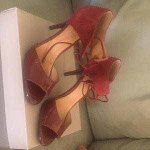 Wine suede patent heels